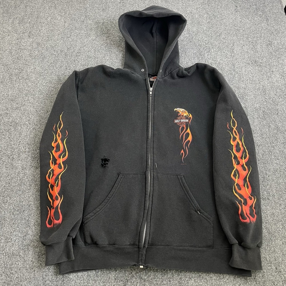 VTG Harley Davidson Zip-up Hoodie With Flame Hits On‎ Sleeves Mens M Y2K Faded